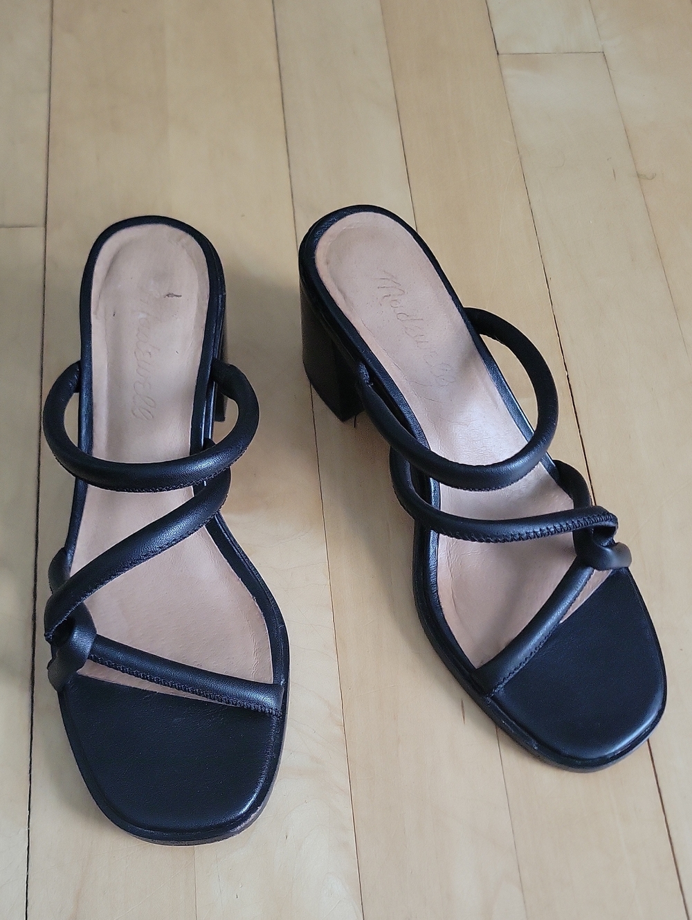Madewell Black Knotted Strappy Block Heel Mules - 6